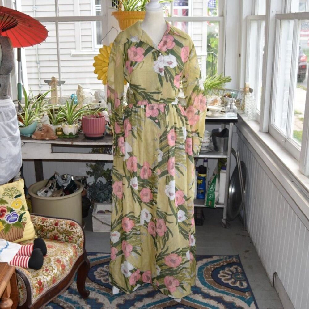 Vintage 1970s Serbin Muriel Ryan Floral Maxi Dress Cottagecore Boho Medium